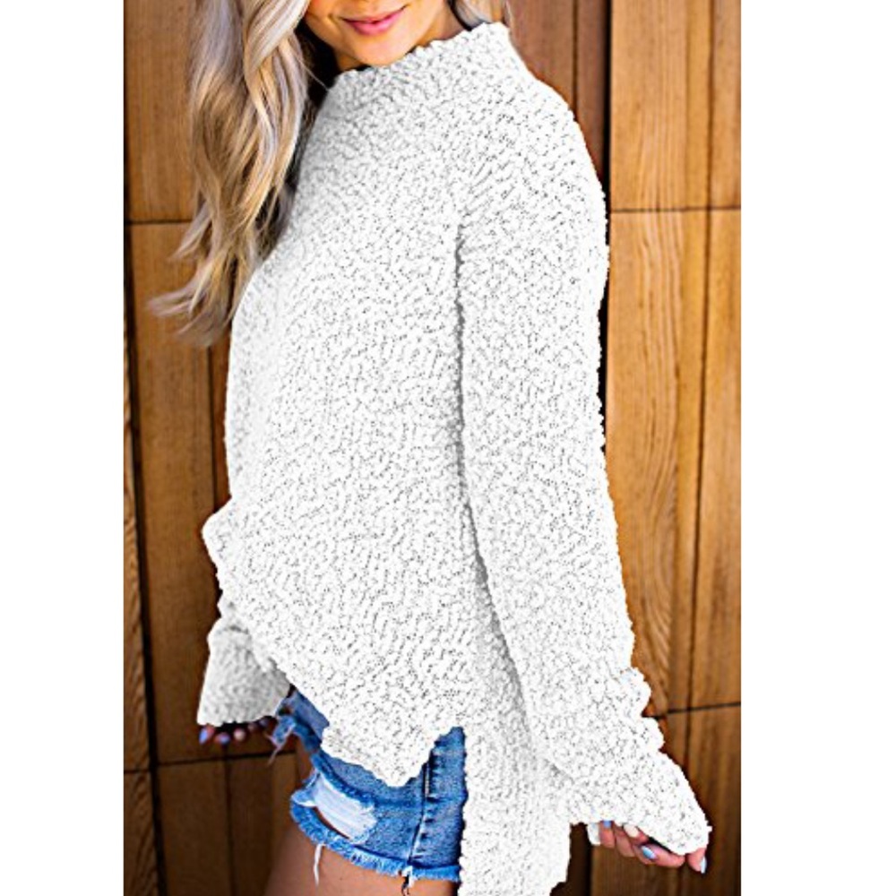 Seraih Women’s White Fuzzy Sherpa Fleece Loose Asymmetric Long Sleeve Pu…